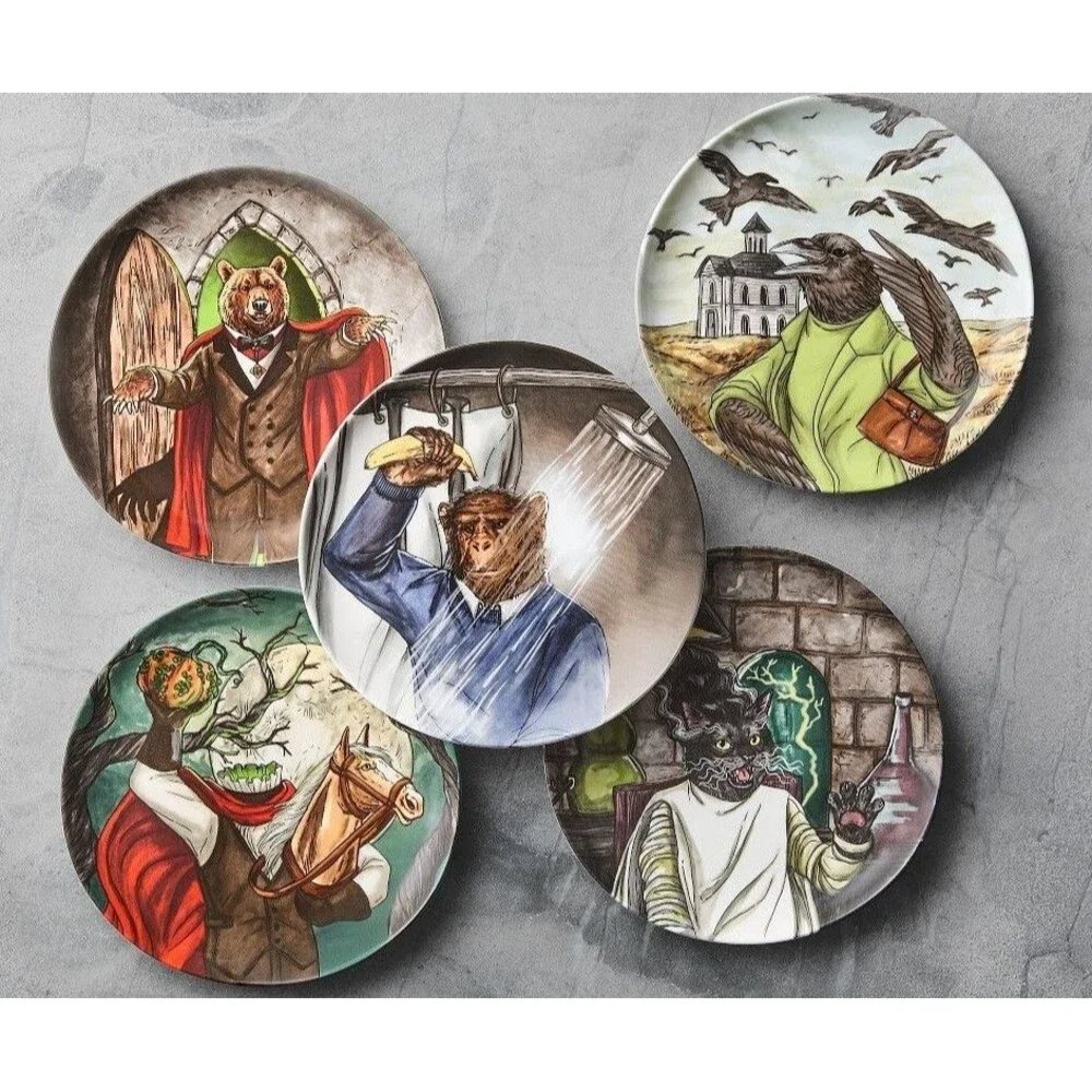 West Elm Rachel Kozlowski Dapper Animal Halloween Plate Set of 5 NEW